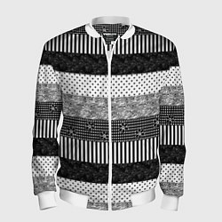 Бомбер мужской Черно белый полосатый узор из лоскутов, цвет: 3D-белый