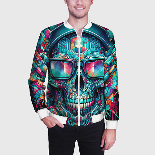Мужской бомбер Кибер череп в балахоне и очках - нейроарт фантазия / 3D-Белый – фото 3