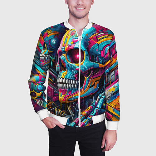 Мужской бомбер Cyber skull - pattern / 3D-Белый – фото 3