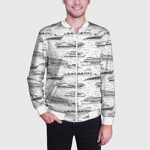 Мужской бомбер Корабли на Неве / 3D-Белый – фото 3