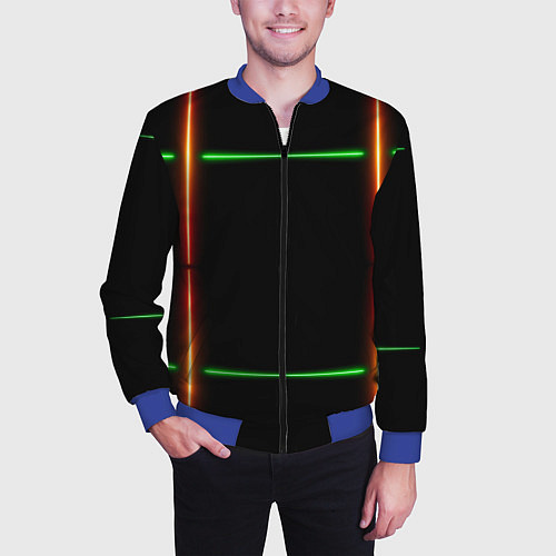 Мужской бомбер Color black green orange lines / 3D-Синий – фото 3