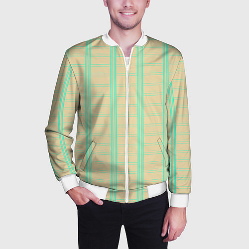 Мужской бомбер Color beige cage blue stripes / 3D-Белый – фото 3
