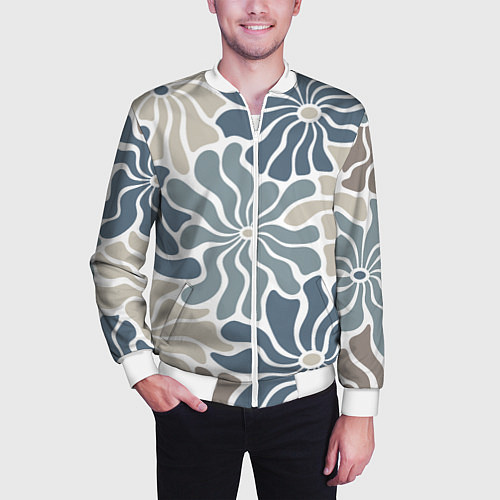 Мужской бомбер Цветы blue and beige pattern / 3D-Белый – фото 3