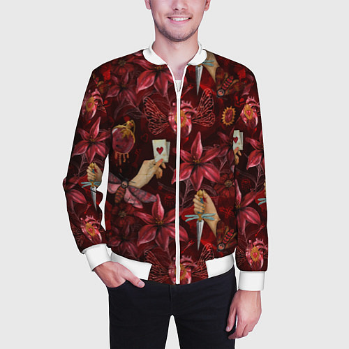 Мужской бомбер Бордовая готика с сердцем, лилиями и мотыльками / 3D-Белый – фото 3
