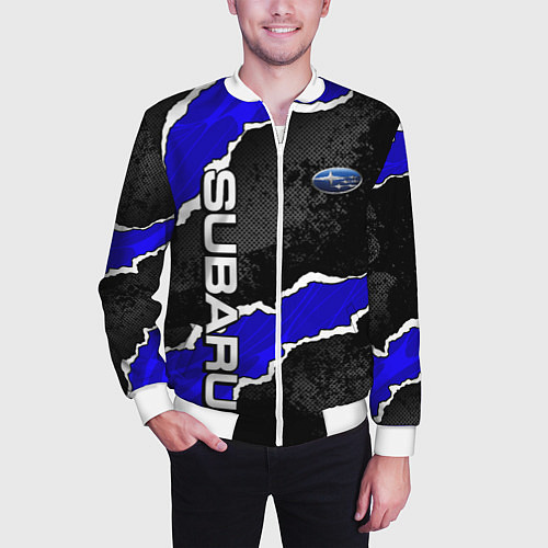Мужской бомбер Subaru - синий разрыв / 3D-Белый – фото 3