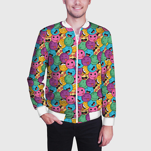 Мужской бомбер Смайлики - паттерн / 3D-Белый – фото 3