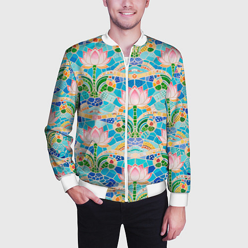 Мужской бомбер Белый лотос декоративный и волны / 3D-Белый – фото 3
