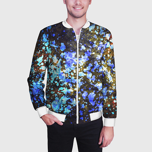 Мужской бомбер Абстракция - blue and white spots on a dark backgr / 3D-Белый – фото 3