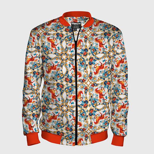 Мужской бомбер Орнамент с лошадью - символом Нового 2026 года / 3D-Красный – фото 1