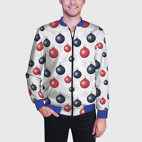 Мужской бомбер Синие и красные новогодние шары со снежинками / 3D-Синий – фото 3