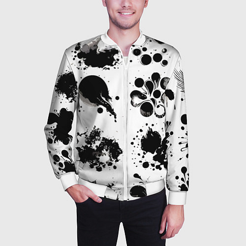 Мужской бомбер Чёрно-белые кляксы - абстракция / 3D-Белый – фото 3