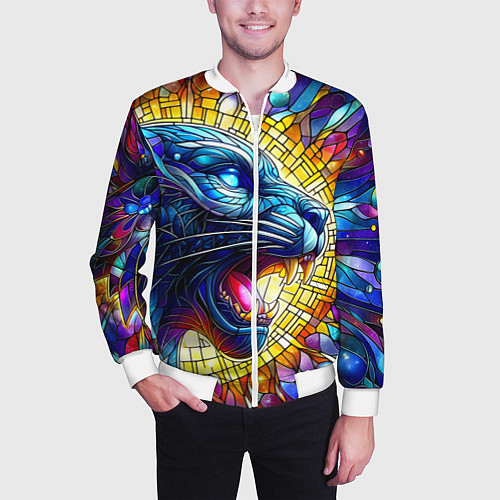 Мужской бомбер Боевой оскал пантеры - витраж / 3D-Белый – фото 3