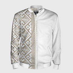 Бомбер мужской Узоры славянские в бежевом цвете, цвет: 3D-белый