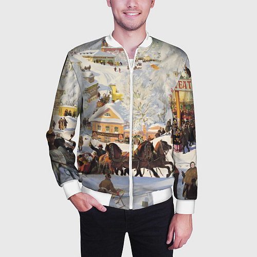 Мужской бомбер Русская тройка зимой - картина Масленица Кустодиев / 3D-Белый – фото 3