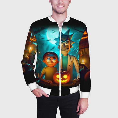 Мужской бомбер Morty and Rick with pumpkin - neon halloween / 3D-Белый – фото 3