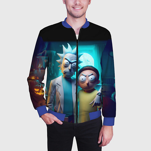 Мужской бомбер Rick with Morty - halloween night / 3D-Синий – фото 3