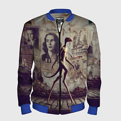 Бомбер мужской Пришелец идёт вдоль стены с рваными афишами, цвет: 3D-синий