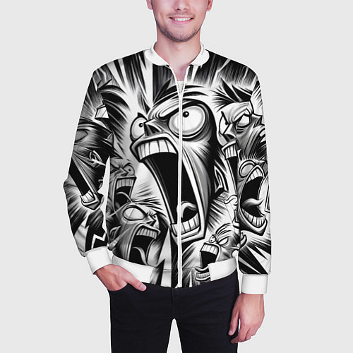 Мужской бомбер Орущие рожицы и чёрные молнии - нейроарт / 3D-Белый – фото 3