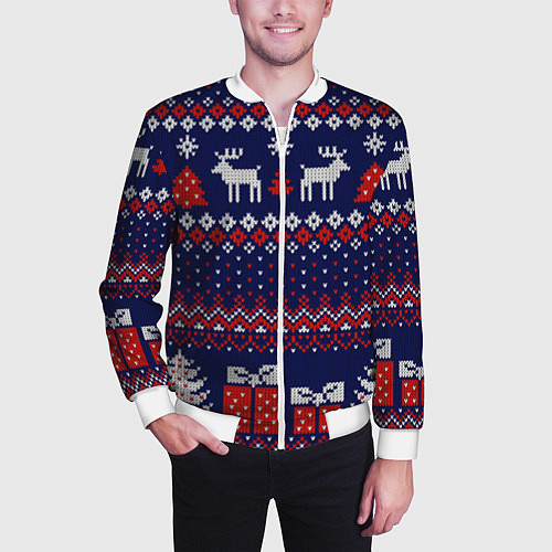 Мужской бомбер Новогодний вязаный паттерн / 3D-Белый – фото 3
