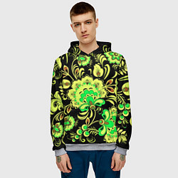Толстовка-худи мужская Хохлома: черный и салатовый, цвет: 3D-меланж — фото 2