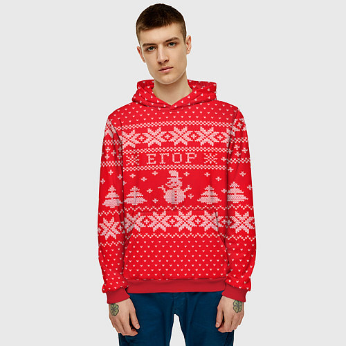 Мужская толстовка Новогодний Егор ugly sweater со снеговиками / 3D-Красный – фото 3