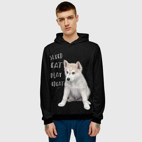 Мужская толстовка Sleep Eat Play Repeat Хаски щенок / 3D-Черный – фото 3