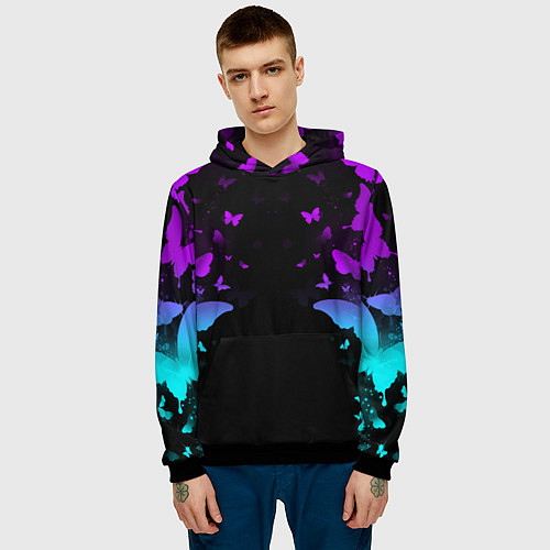 Мужская толстовка Бабочки в неоне / 3D-Черный – фото 3