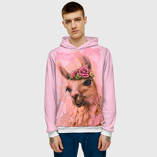 Мужская толстовка Лама с цветами / 3D-Белый – фото 3