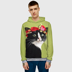 Толстовка-худи мужская Кот и цветы, цвет: 3D-меланж — фото 2