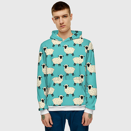 Мужская толстовка Овечки паттерн на бирюзовом / 3D-Белый – фото 3