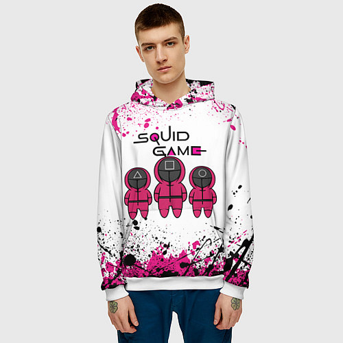 Мужская толстовка ИГРА В КАЛЬМАРА, СТРАЖИ БРЫЗГИ КРАСОК / 3D-Белый – фото 3
