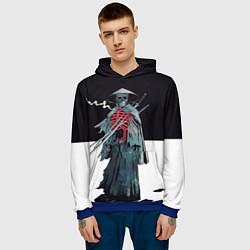 Толстовка-худи мужская Скелет Самурай с трубкой на черно белом фоне, цвет: 3D-синий — фото 2