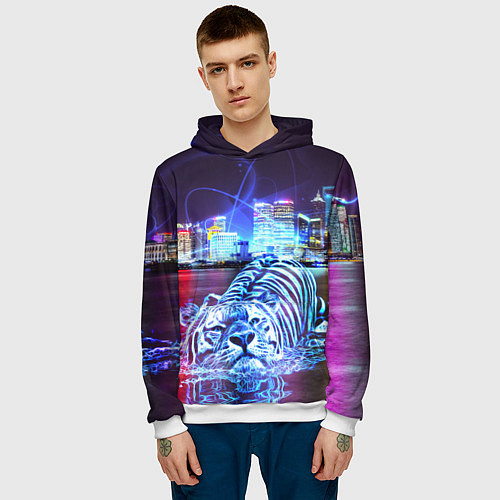 Мужская толстовка Плывущий неоновый тигр / 3D-Белый – фото 3