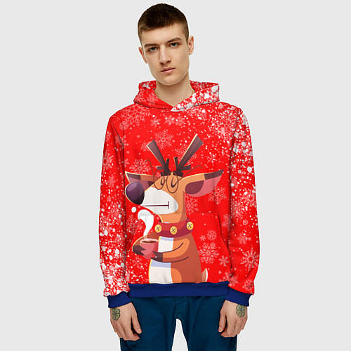 Мужская толстовка НОВОГОДНИЙ ОЛЕНЬ И ЧАШКА КОФЕ / 3D-Синий – фото 3
