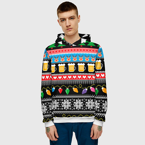 Мужская толстовка Новогодний пивной узор / 3D-Белый – фото 3