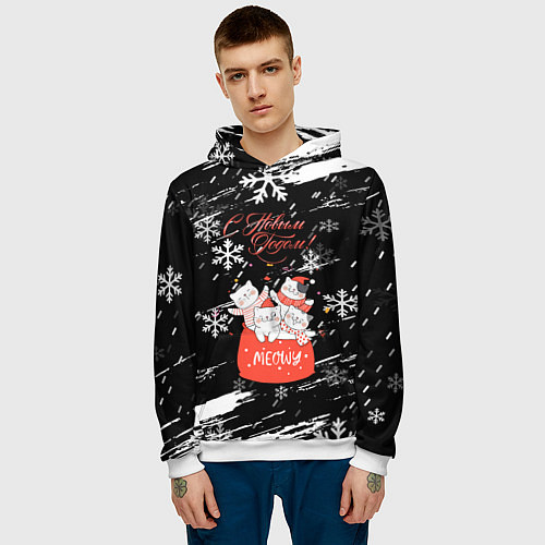 Мужская толстовка Новогодние коты в подарочном мешке / 3D-Белый – фото 3