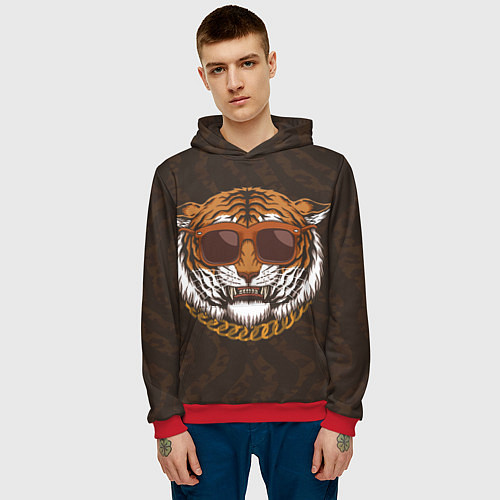 Мужская толстовка Крутой тигр в очках с цепью / 3D-Красный – фото 3