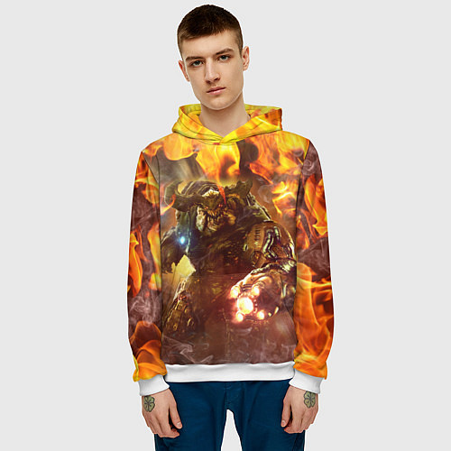 Мужская толстовка CYBER DEMON IN FIRE DOOM BOSS / 3D-Белый – фото 3