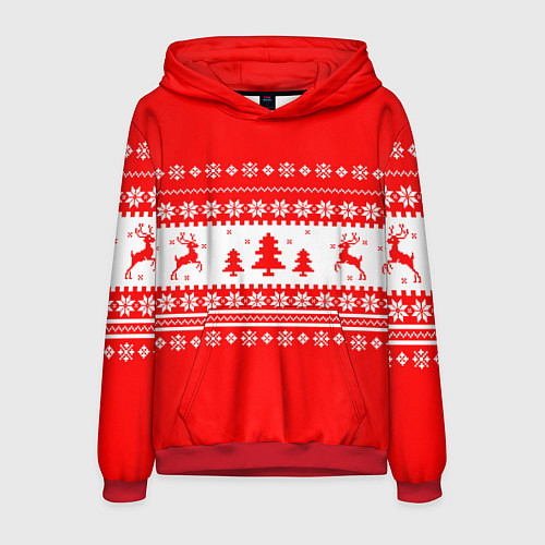 Мужская толстовка КРАСНО-БЕЛЫЙ СВИТЕР С ОЛЕНЯМИ / 3D-Красный – фото 1