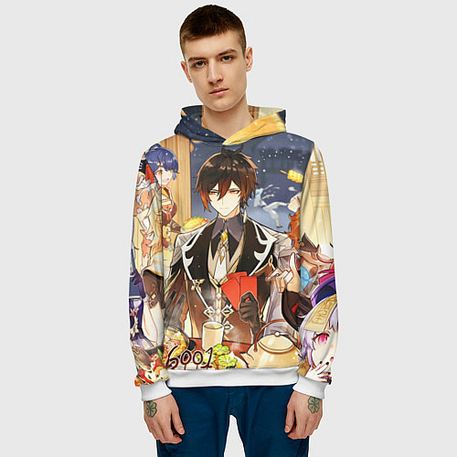 Мужская толстовка НОВЫЙ ГОД В ГЕНШИН ИМПАКТ, ЗАСТОЛЬЕ / 3D-Белый – фото 3