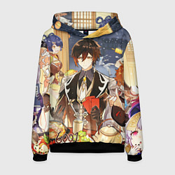 Толстовка-худи мужская НОВЫЙ ГОД В ГЕНШИН ИМПАКТ, ЗАСТОЛЬЕ, цвет: 3D-черный