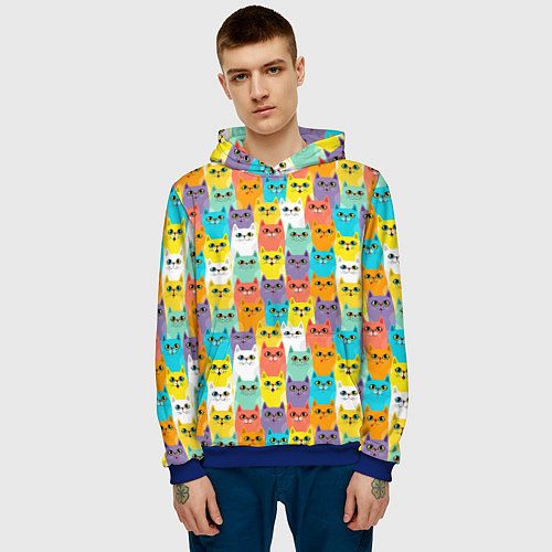 Мужская толстовка Разноцветные Мультяшные Котики / 3D-Синий – фото 3