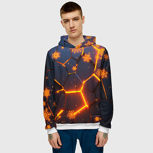 Мужская толстовка НОВОГОДНИЕ ОГНЕННЫЕ 3D ПЛИТЫ FIRE NEON HEXAGON / 3D-Белый – фото 3