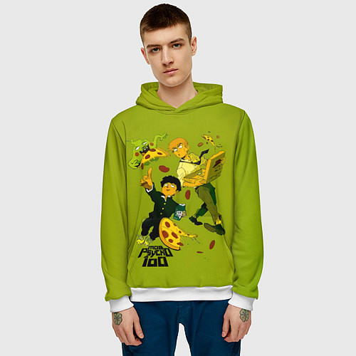Мужская толстовка Шигео, Ямочки и Рэйгэн налет на пиццу - Mob Psycho / 3D-Белый – фото 3