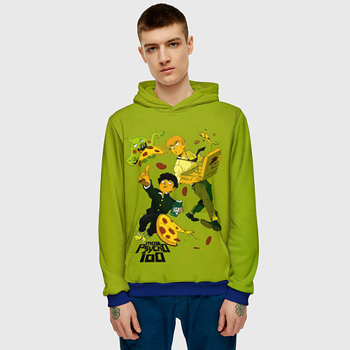 Мужская толстовка Шигео, Ямочки и Рэйгэн налет на пиццу - Mob Psycho / 3D-Синий – фото 3