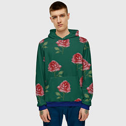 Толстовка-худи мужская Ярко красные розы на темно-зеленом фоне, цвет: 3D-синий — фото 2