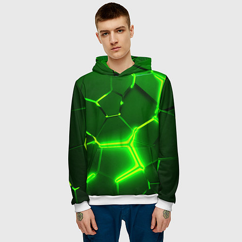 Мужская толстовка 3D ПЛИТЫ НЕОН NEON GREEN HEXAGON РАЗЛОМ / 3D-Белый – фото 3