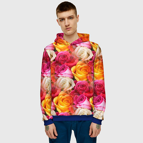 Мужская толстовка Красные, желтые и белые розы / 3D-Синий – фото 3