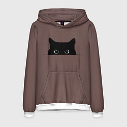 Толстовка-худи мужская Черная кошка выглядывает из укрытия, цвет: 3D-белый