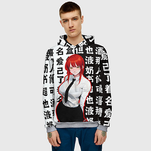 Мужская толстовка Макима и иероглифы человек бензопила Chainsaw man / 3D-Меланж – фото 3